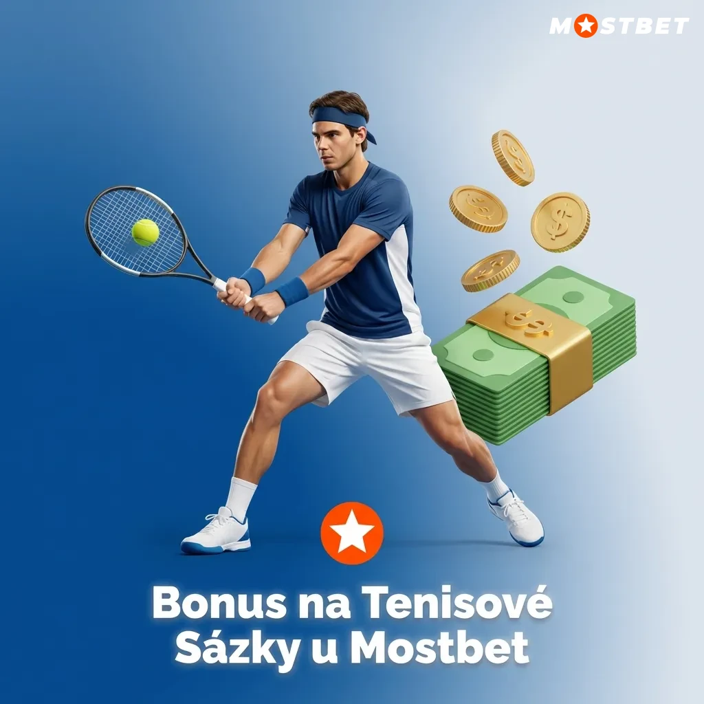Mostbet tennis betting bonus promotional banner showing welcome offer up to 5,000 CZK for new players