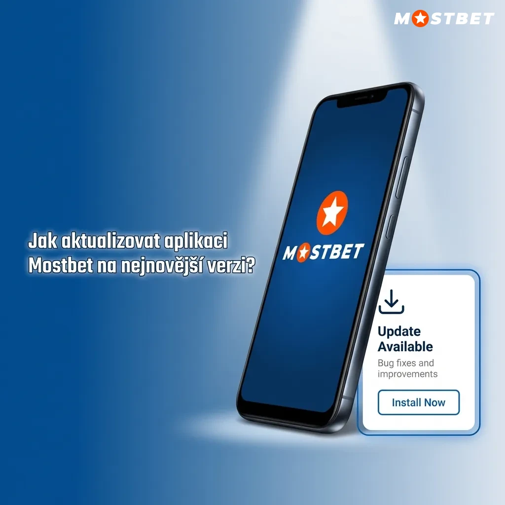 Smartphone screen showing Mostbet app update notification with "Aktualizovat" button in settings menu