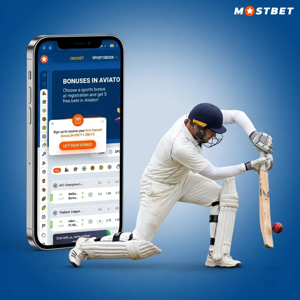 Mostbet cricket betting app interface showing live and pre-match betting options on mobile device
