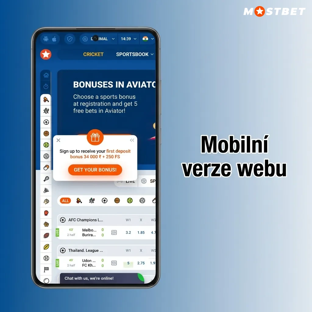 Mobilní web přizpůsobený pro telefony a tablety s responzivním designem a plnou funkčností sázkové platformy