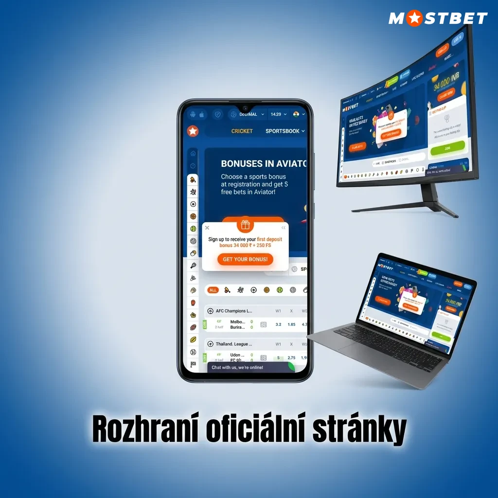 Navigační panel sázkové stránky s odkazy na sporty, casino a live hry v českém rozhraní