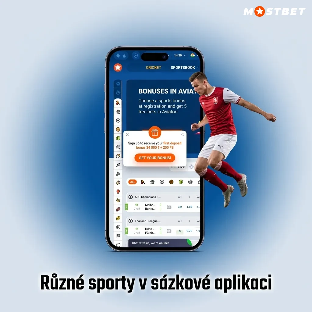 Sázková aplikace zobrazující různé sporty včetně fotbalu, tenisu, basketbalu a eSportů s live přenosy