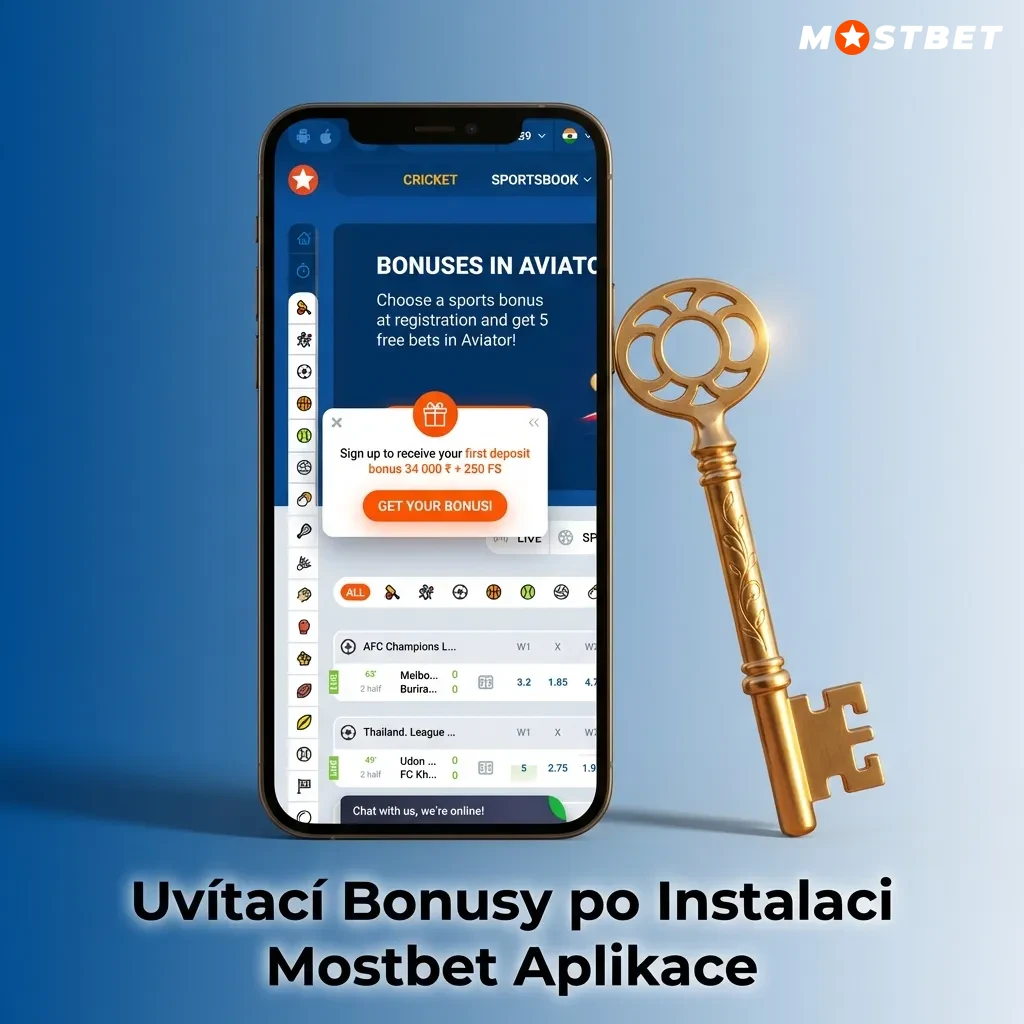 Mostbet mobile app welcome bonus screen showing 125% deposit match up to 10,000 CZK and 250 free spins offer