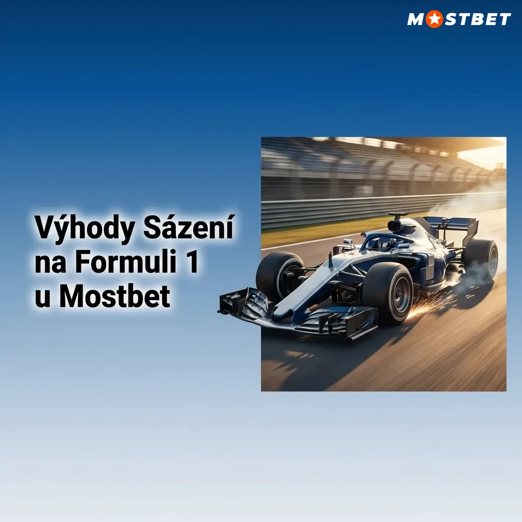 Mostbet logo s ikonami Formule 1 a sázkovými možnostmi včetně živých sázek a cash out funkcí